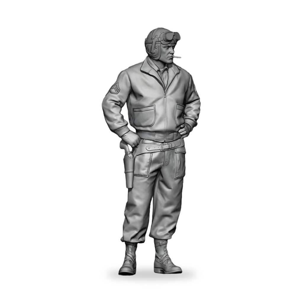 Unpainted WWII US officer in flight gear with helmet and goggles.
