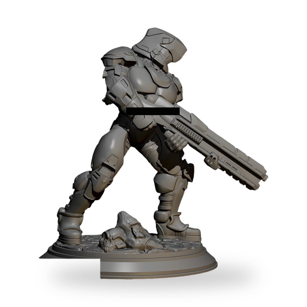 Unpainted GK Sentinel Space War Soldier Robot holding large weapon on rocky base with skull.
