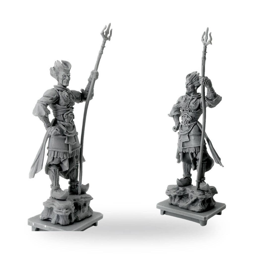 Unpainted GK Ancient Japanese Myth Warrior holding trident on rocky base.