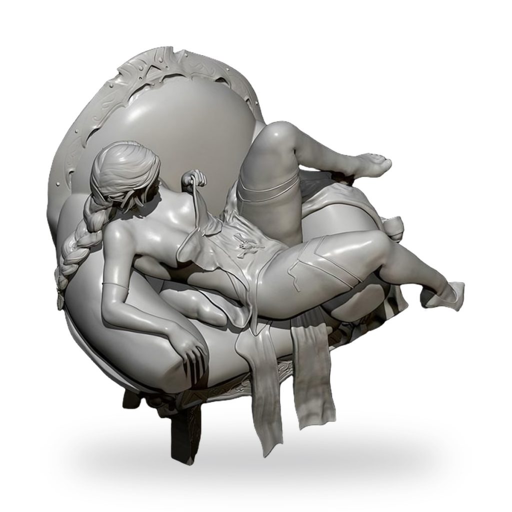 Unpainted resin figure of sleeping elf on ornate chair.