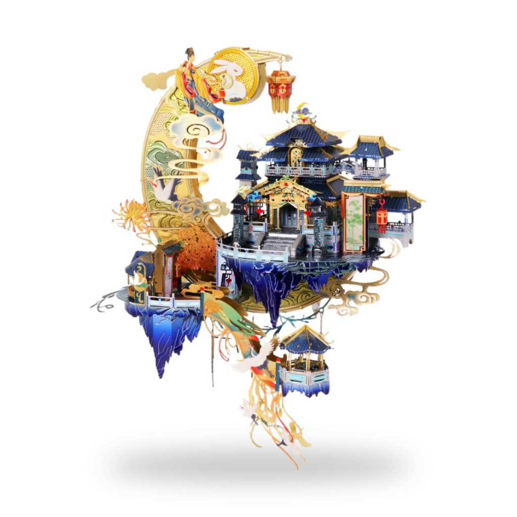 3D puzzle of Chinese moon palace with pagoda and crane on crescent moon.