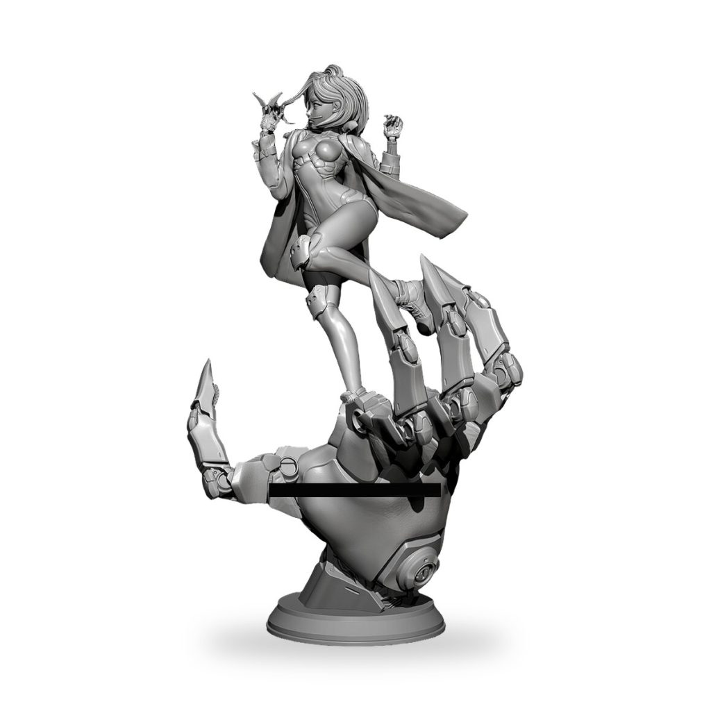 Unpainted female cyborg figure standing on robotic hand base.