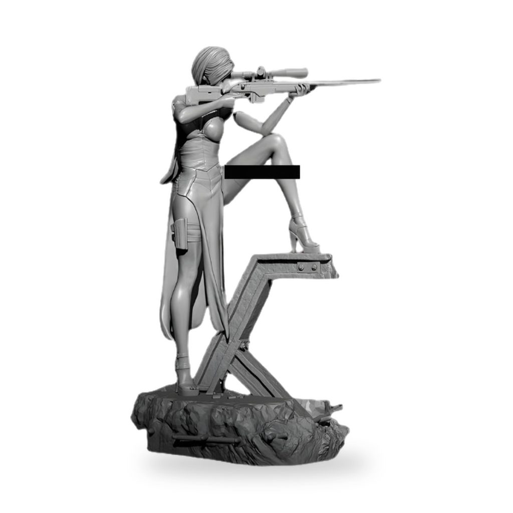 Unpainted female assassin sniper in tactical gear aiming rifle from rocky base.