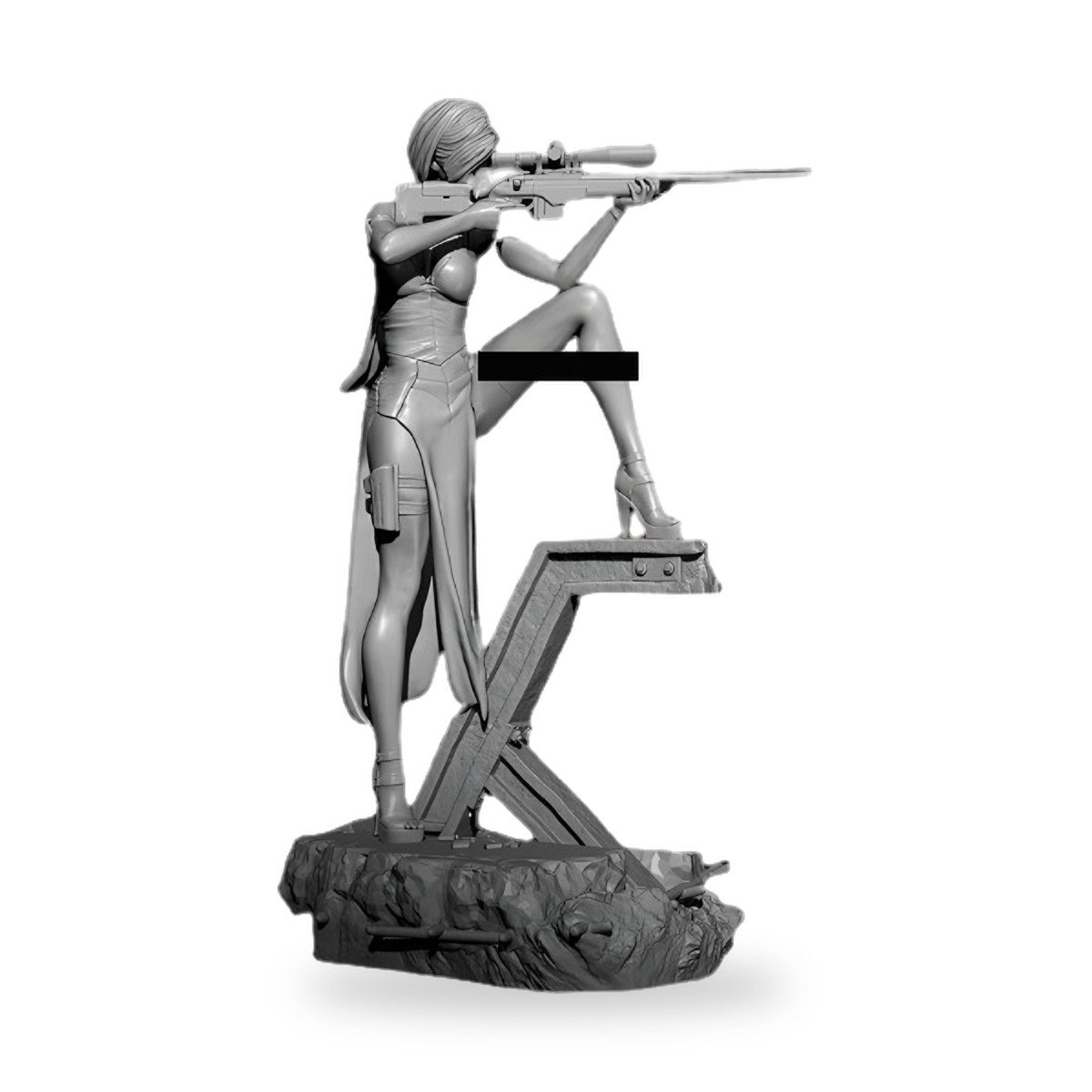 Unpainted female assassin sniper in tactical gear aiming rifle from rocky base.