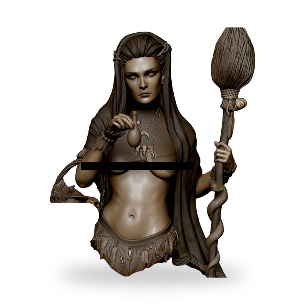 Unpainted fantasy witch druid bust holding staff and potion bottle.