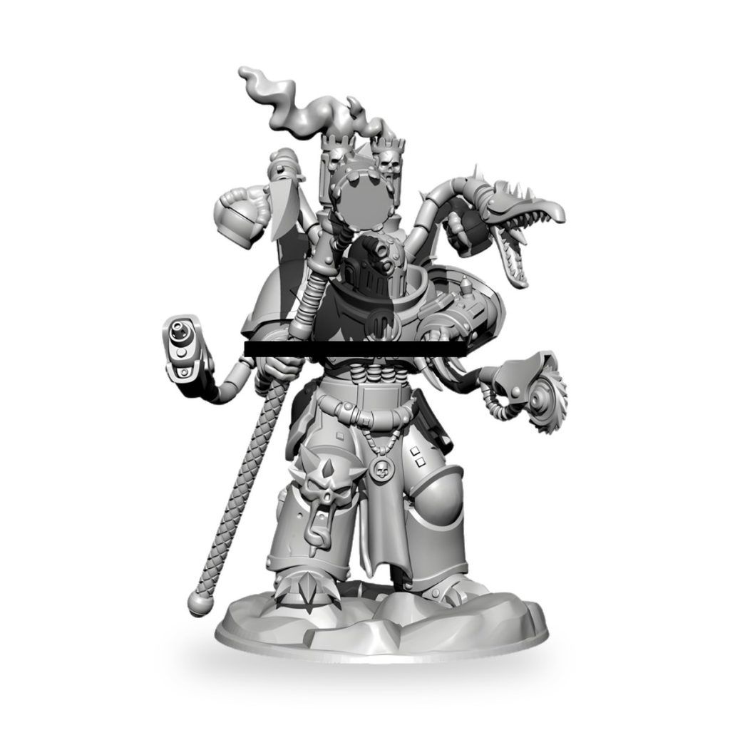 Unpainted 38mm mecha knight robot armor figure with multiple arms and weapons.