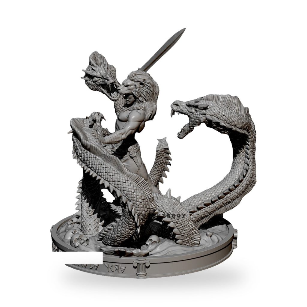 Unpainted Hercules battling multi-headed Hydra on circular base with skulls.