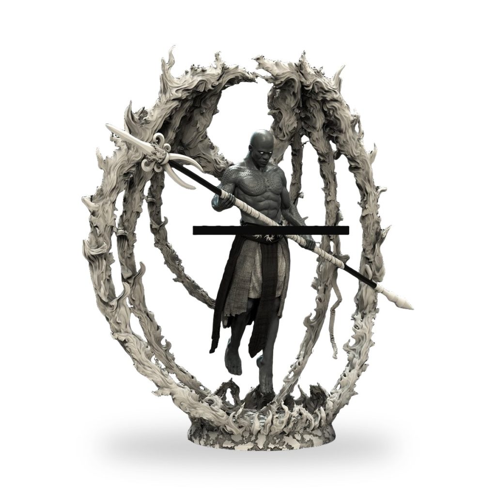 Unpainted warrior figure with weapon inside circular flame-like aura base.