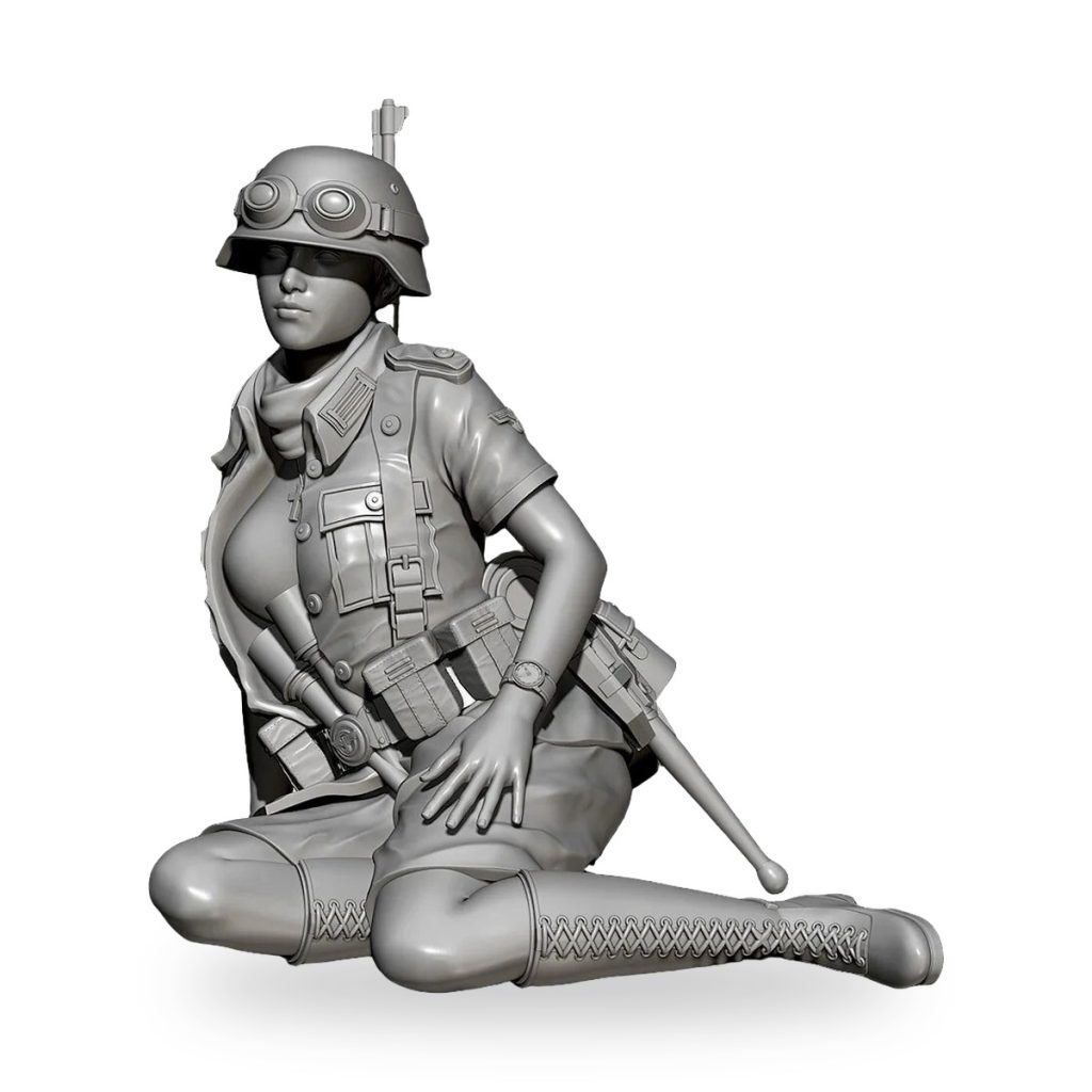 Unpainted WWII female soldier figure in helmet and gear, seated pose.