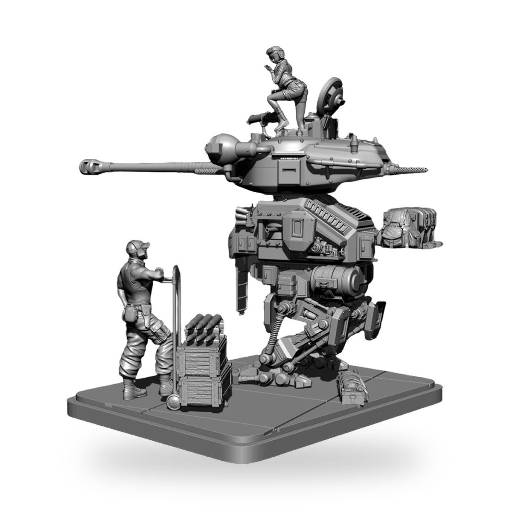 Unpainted resin figure of soldier with tank and woman atop turret.