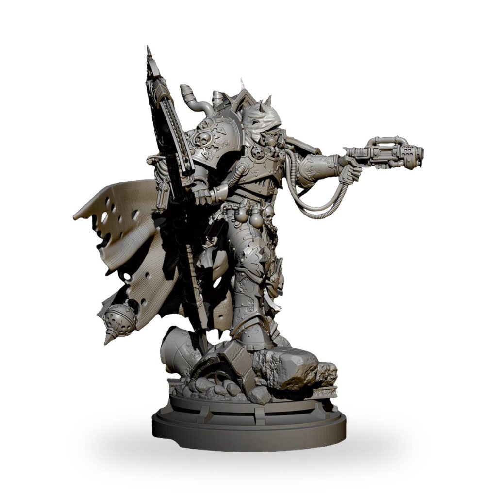 Unpainted resin figure of armored knight with futuristic weapon and tattered cape.