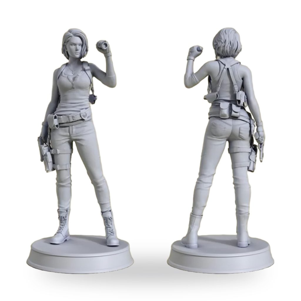 Unpainted female detective figure with gun and holster in dynamic pose.