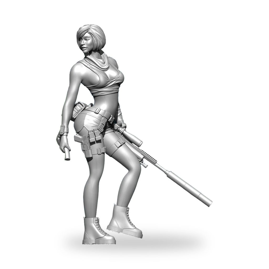 Unpainted female sniper figure in combat gear holding rifle and pistol.
