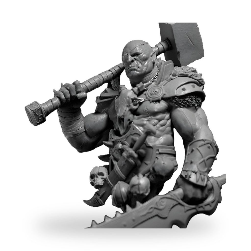 Unpainted fantasy warlord bust holding battleaxe and skull-adorned armor.