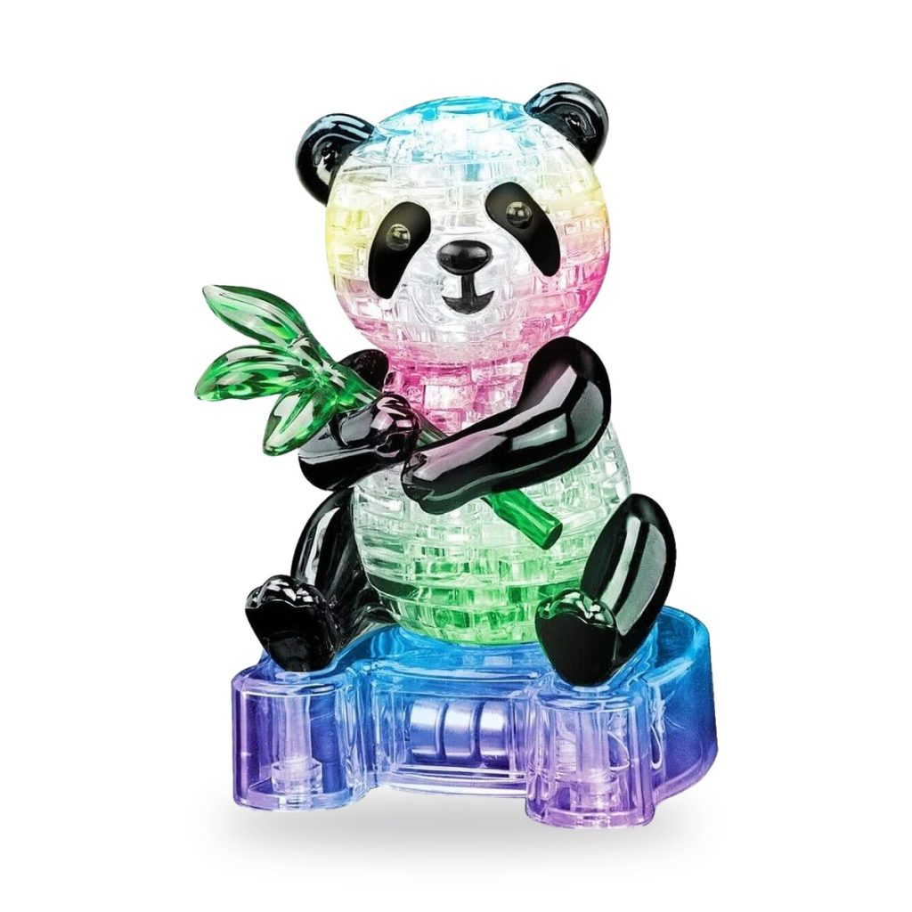 Unpainted crystal panda holding bamboo on rainbow base.