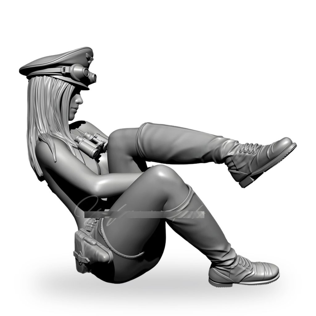 Unpainted resin figure of female spy officer in uniform with binoculars and boots.