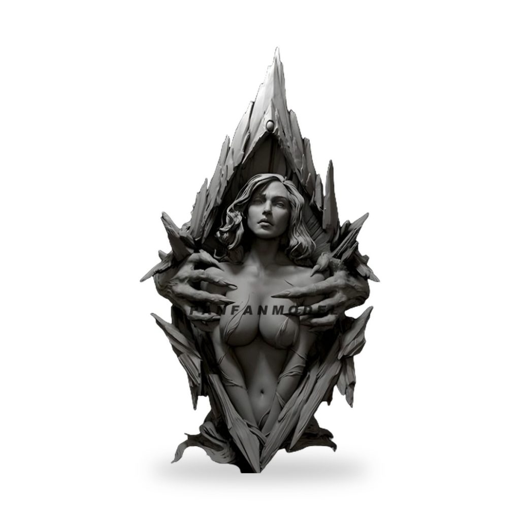 Unpainted bust of woman emerging from dark crystalline structure with clawed hands.