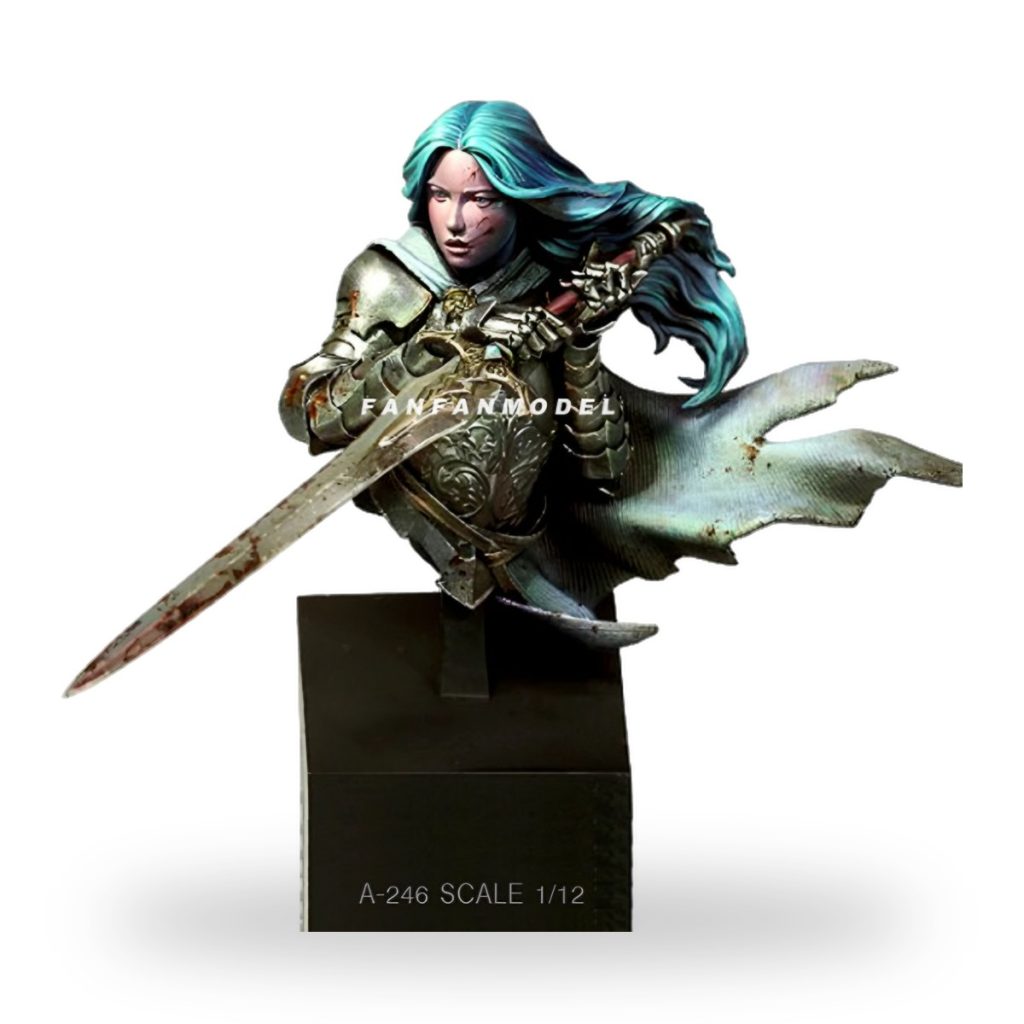 Unpainted female knight bust with sword and flowing blue hair.