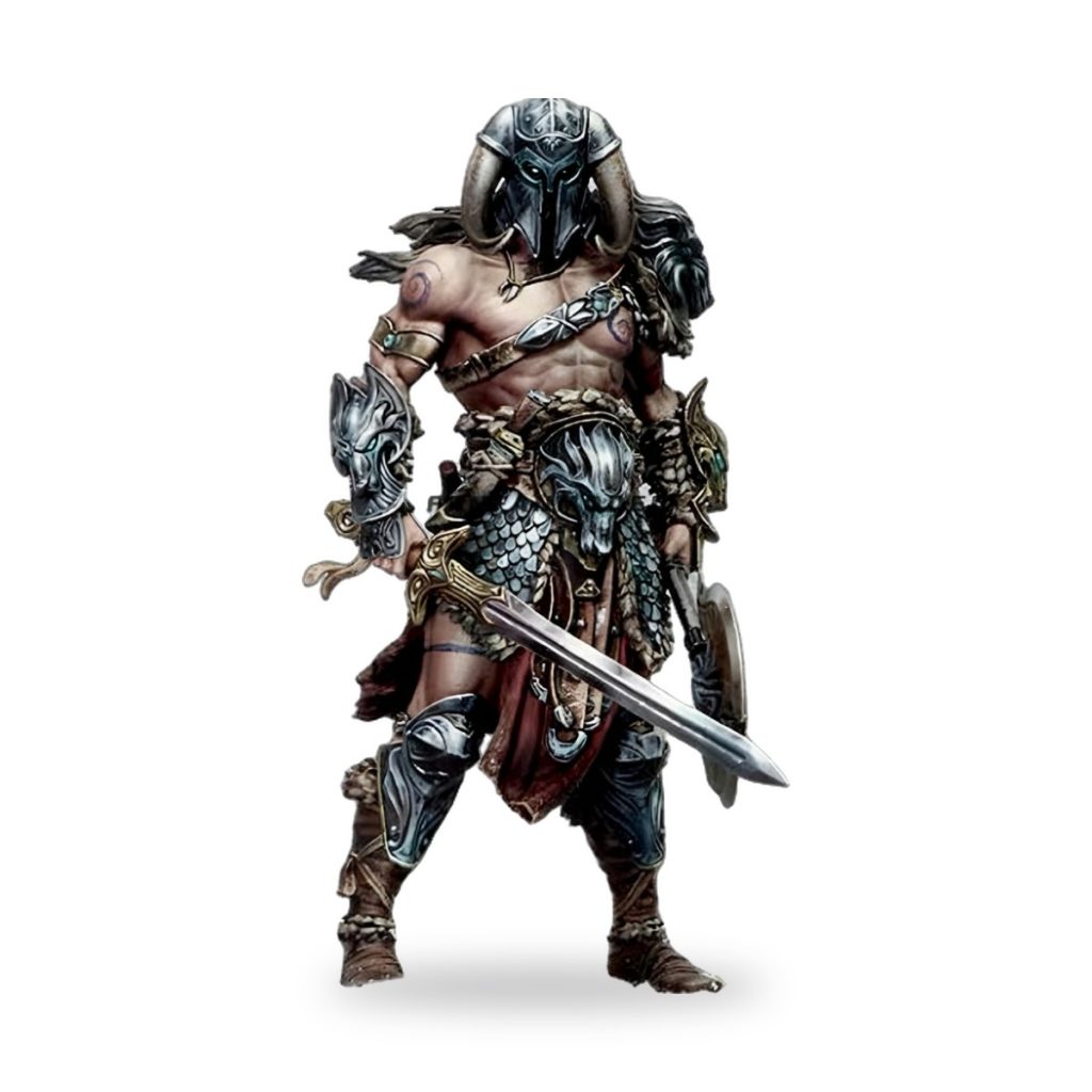Unpainted Nordic dragon slayer berserker warrior with sword and shield.