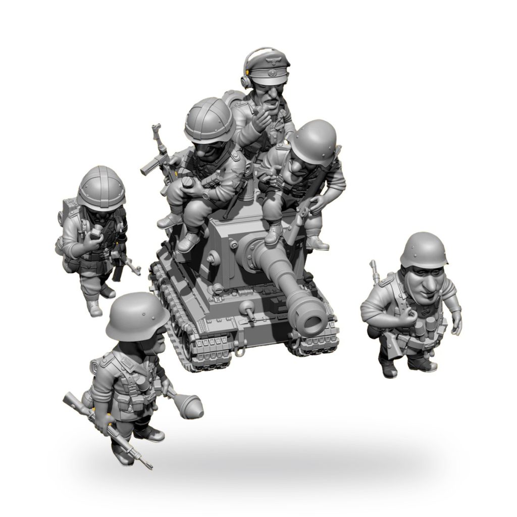 Unpainted WWII German tank crew with six soldiers and vehicle in grey resin.