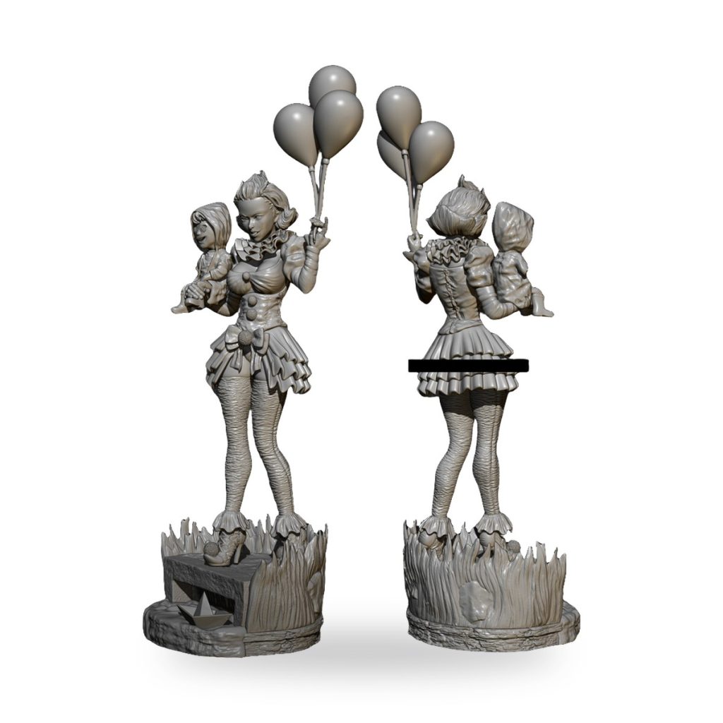 Unpainted Pennywise clown figure holding balloons and child on grassy base.