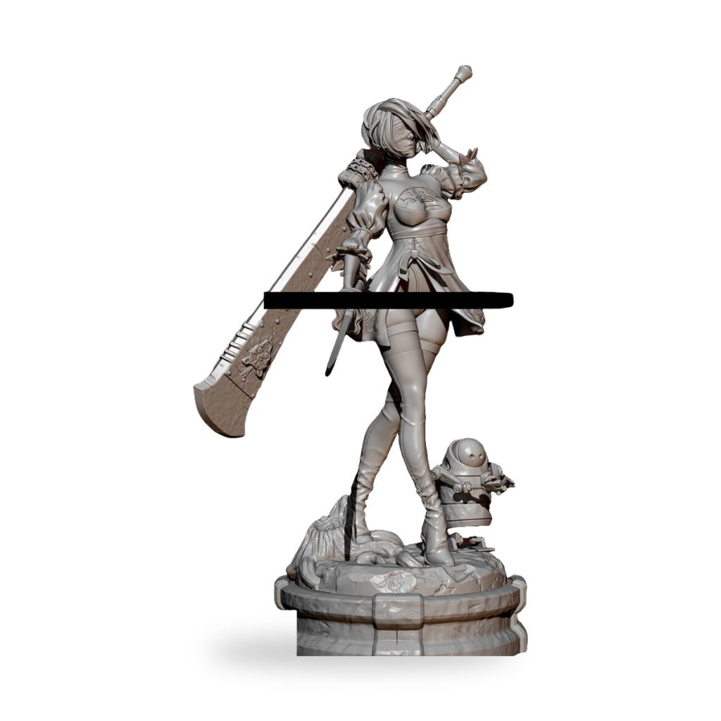 Unpainted resin figure of blind swordswoman with katana and robot companion on rocky base.