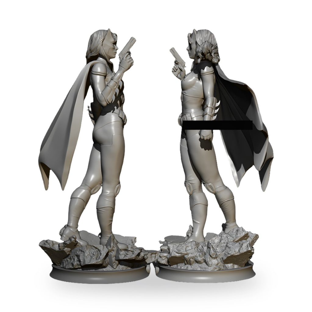 Unpainted Batgirl GK figure holding gun on rocky base.