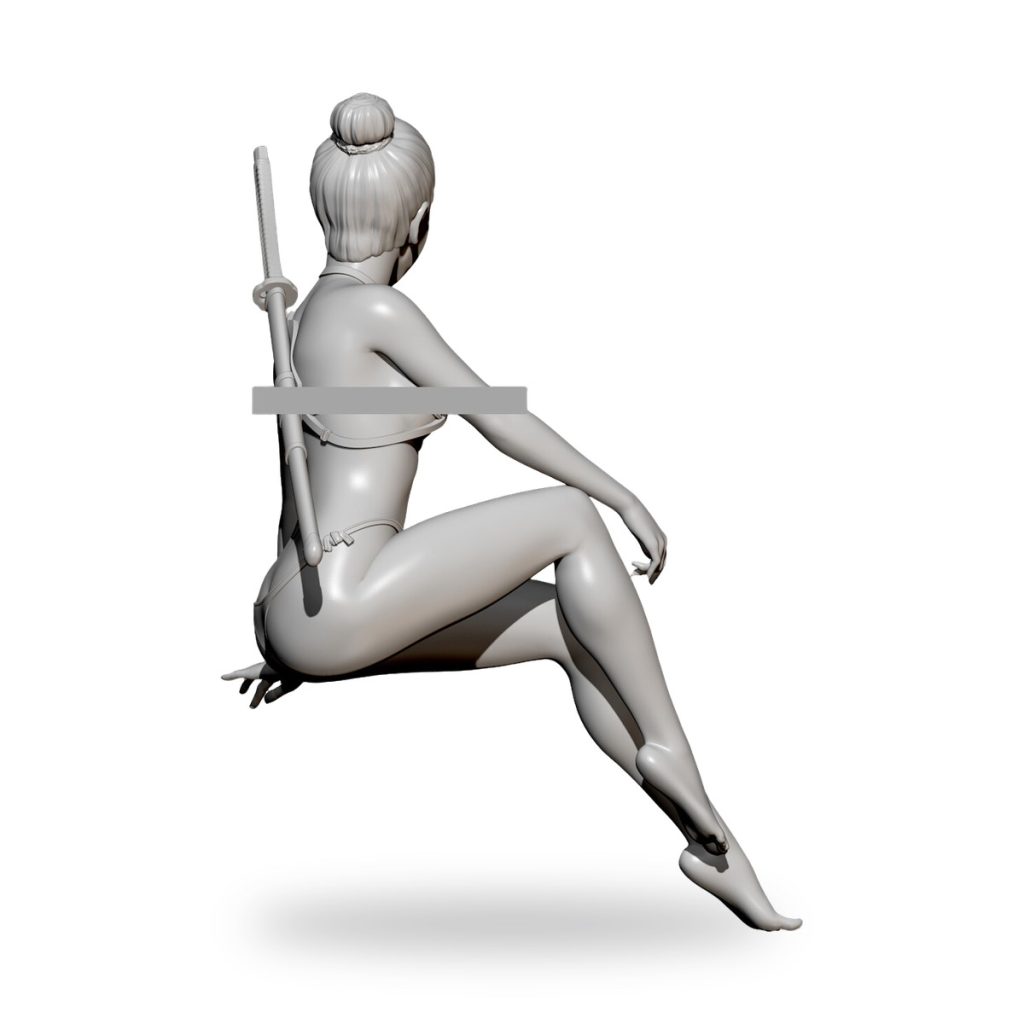 Unpainted female figure in bikini with katana on back.