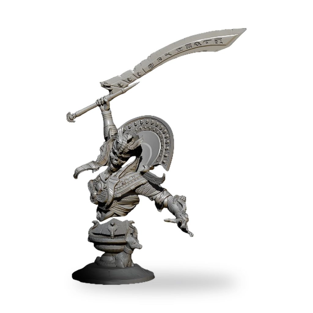 Ancient mummy soldier bust holding curved sword and shield in dynamic pose.