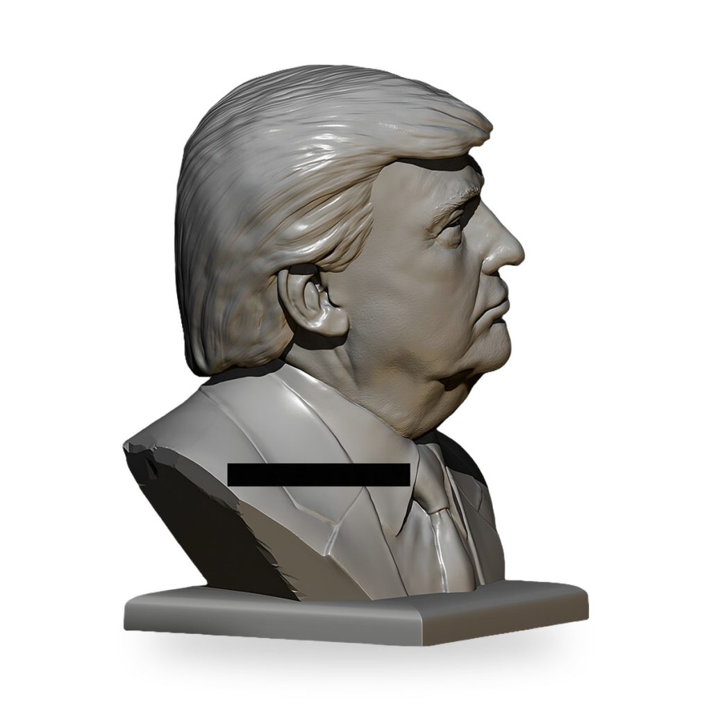 Unpainted bust of Donald Trump in profile view.