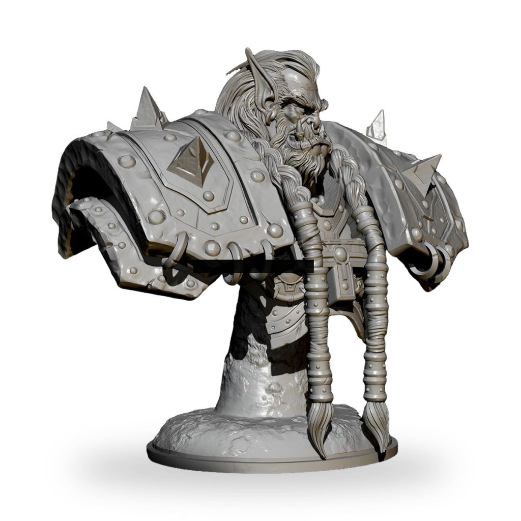 Unpainted orc warrior bust with braided beard and spiked armor on rocky base.