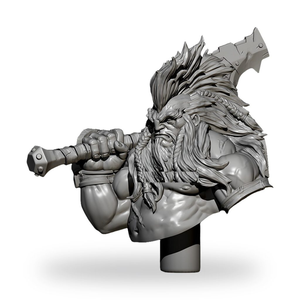 Unpainted bust of muscular warrior with battle axe and braided beard.