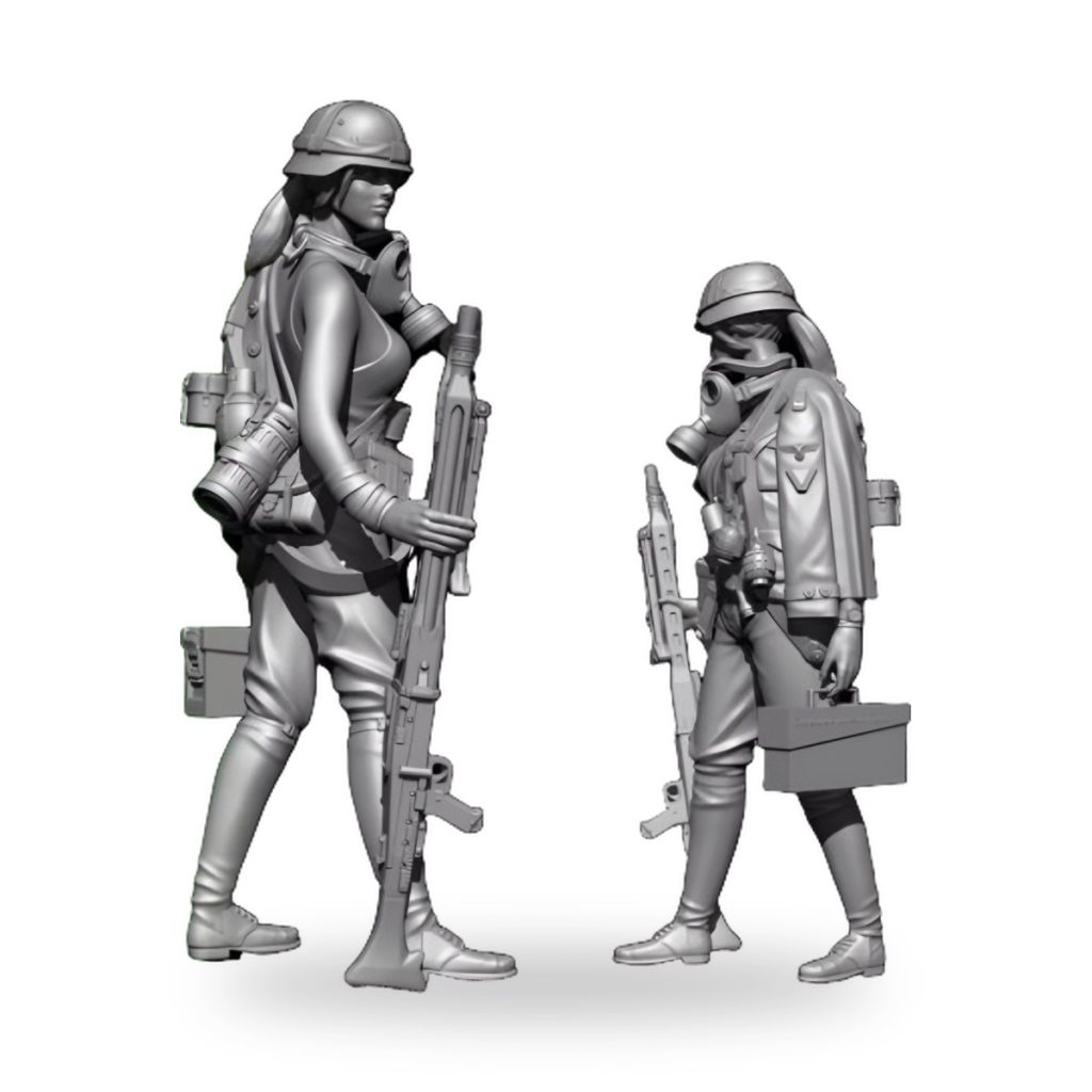 Unpainted female soldier with machine gun and gas mask in combat gear.