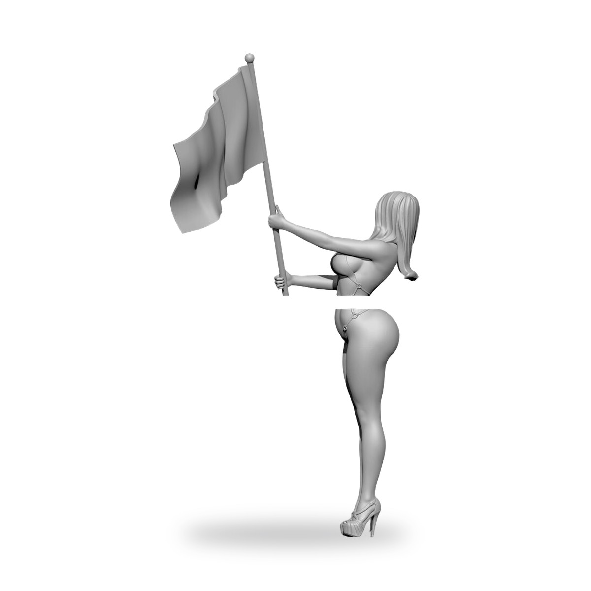 Unpainted resin figure of bikini-clad woman holding flag in high heels.