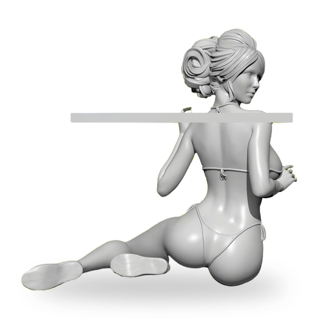 Unpainted resin figure of woman in bikini holding sign.