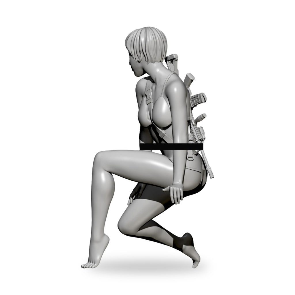 Unpainted female assassin in bikini with rifle on back, kneeling pose.