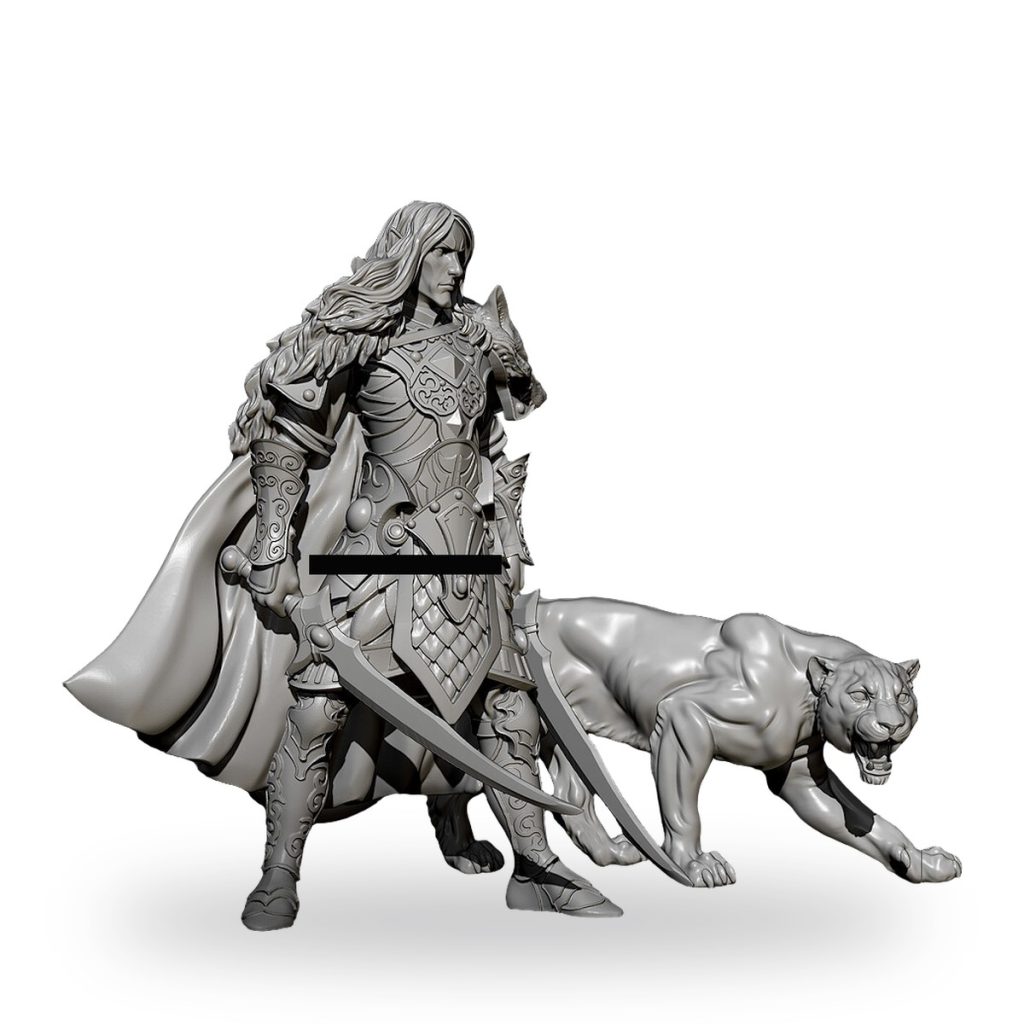 Unpainted gray resin figure of armored elf warrior prince with lioness companion.