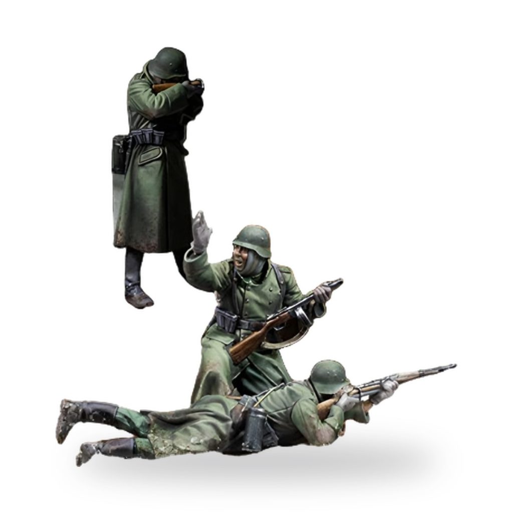 Three German WWII soldiers in combat poses with rifles and gear.