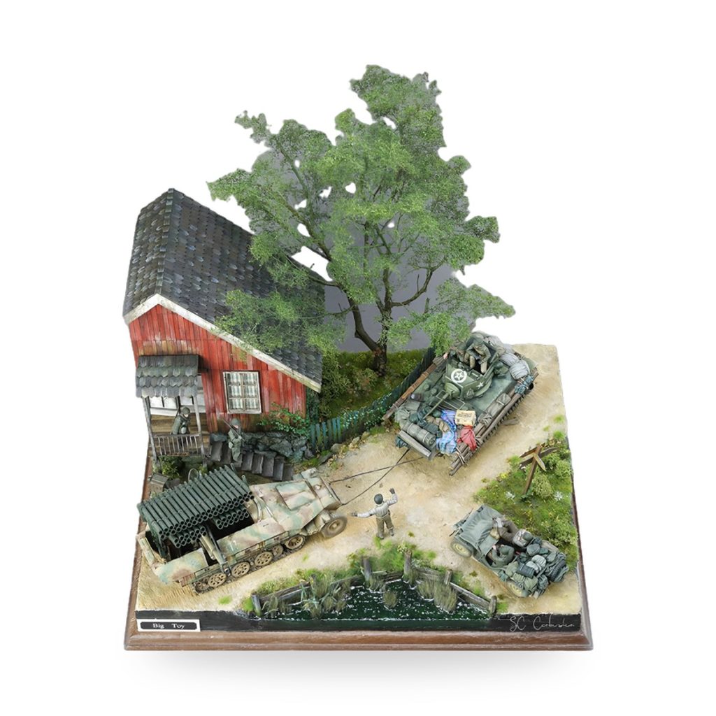 Unpainted wooden miniature house chalet cabin with military vehicles and soldiers in diorama setting.