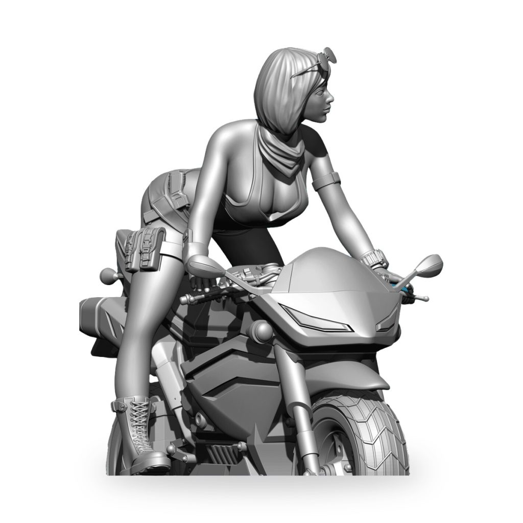 Unpainted resin figure of woman on sport motorcycle with tactical gear and goggles.