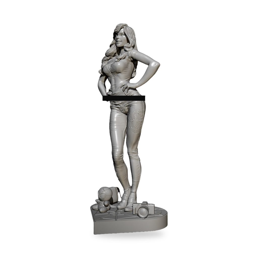 Unpainted female figure with camera and soccer ball on base.
