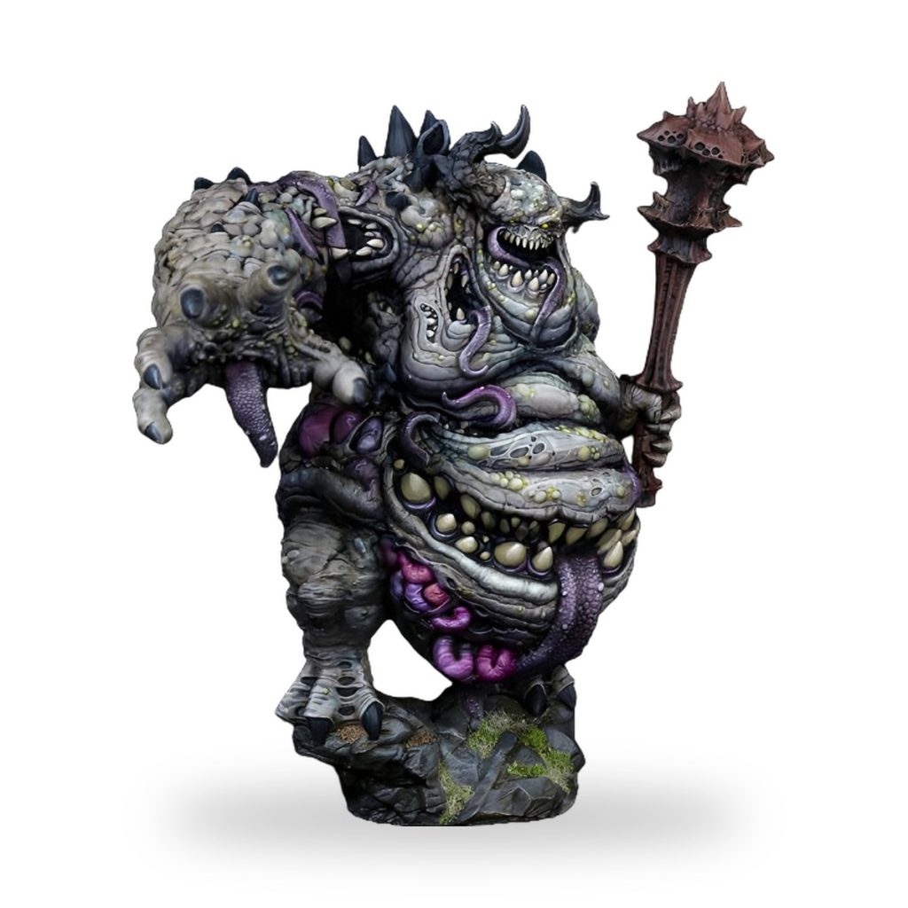 Unpainted ancient demon monster fantasy figure with multiple heads and tentacles holding a spiked mace.