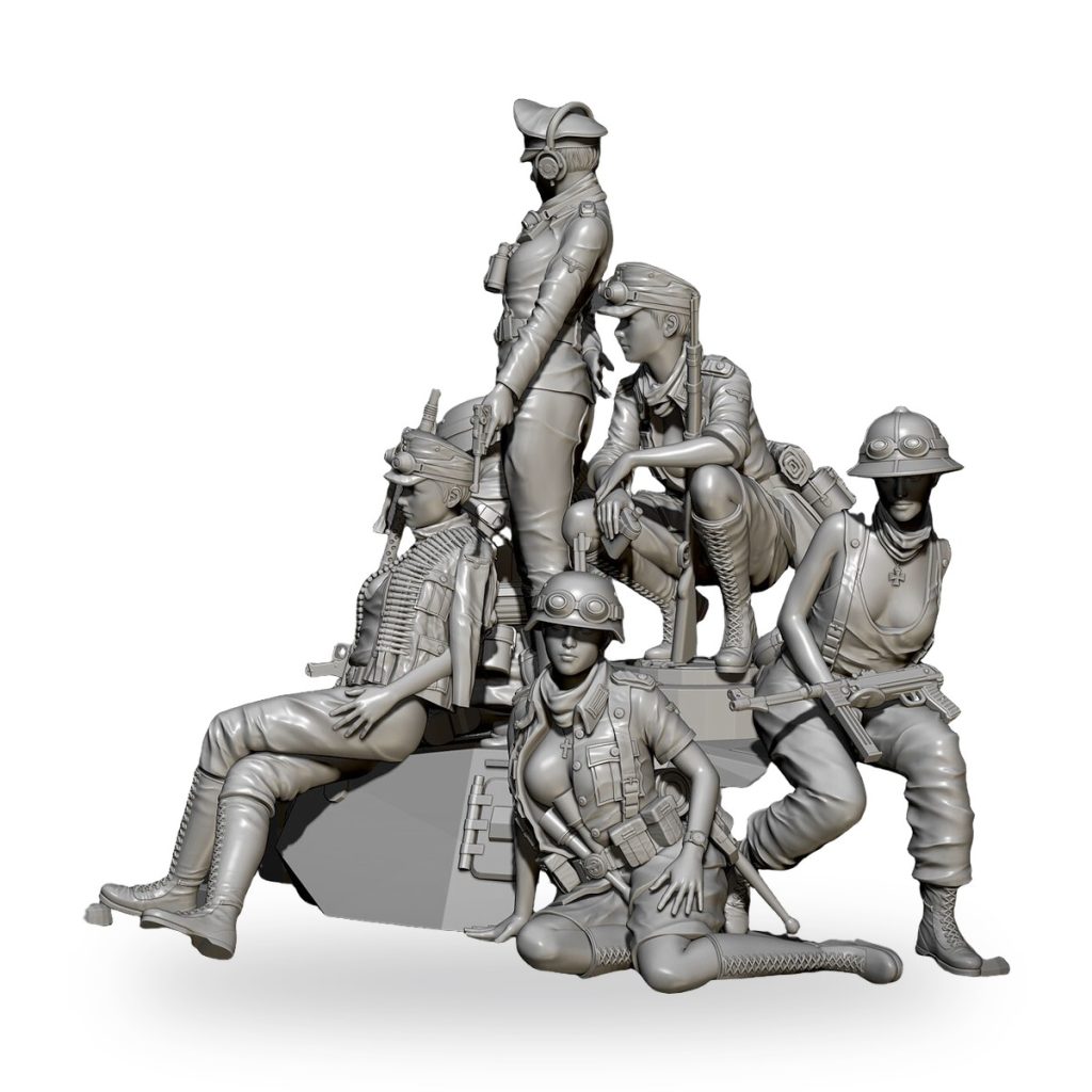 Unpainted resin figures of six female soldiers in military gear.