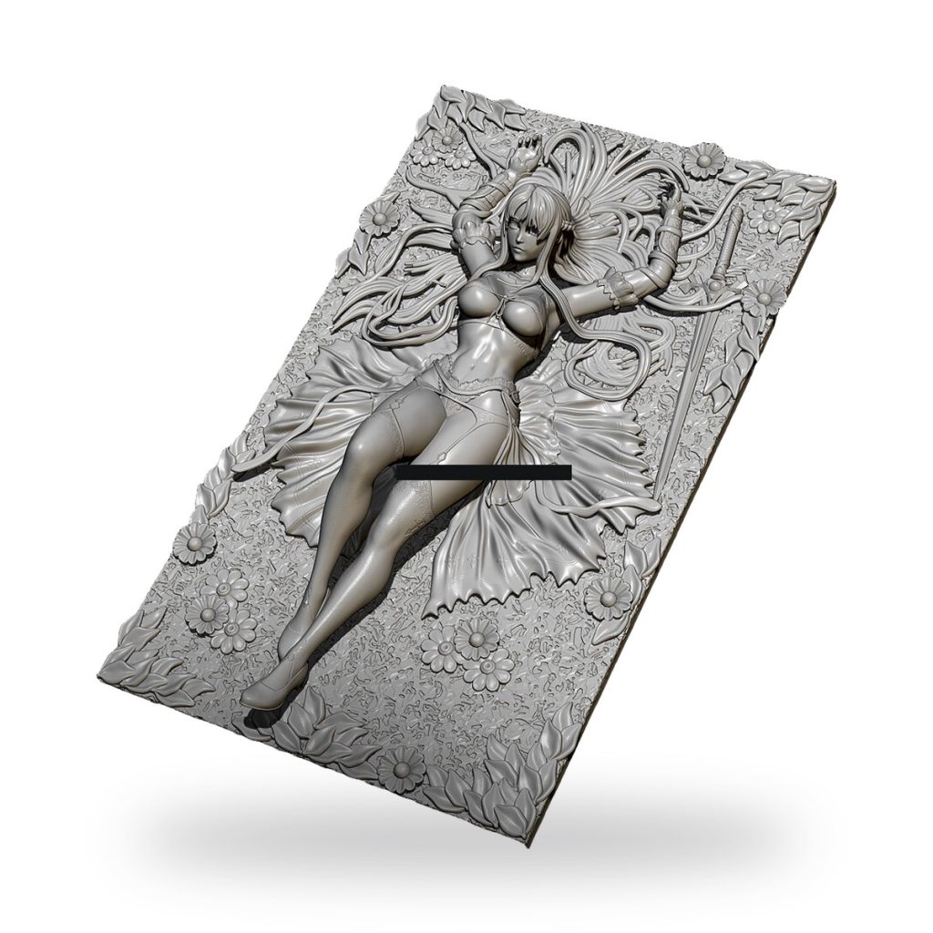 Unpainted resin model of fantasy princess lying in floral forest setting with sword and vines.