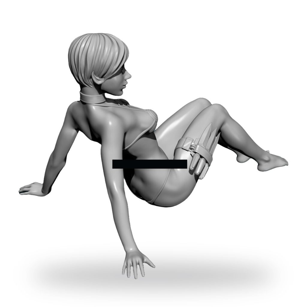Unpainted female assassin figure in dynamic pose with leg-mounted knives.