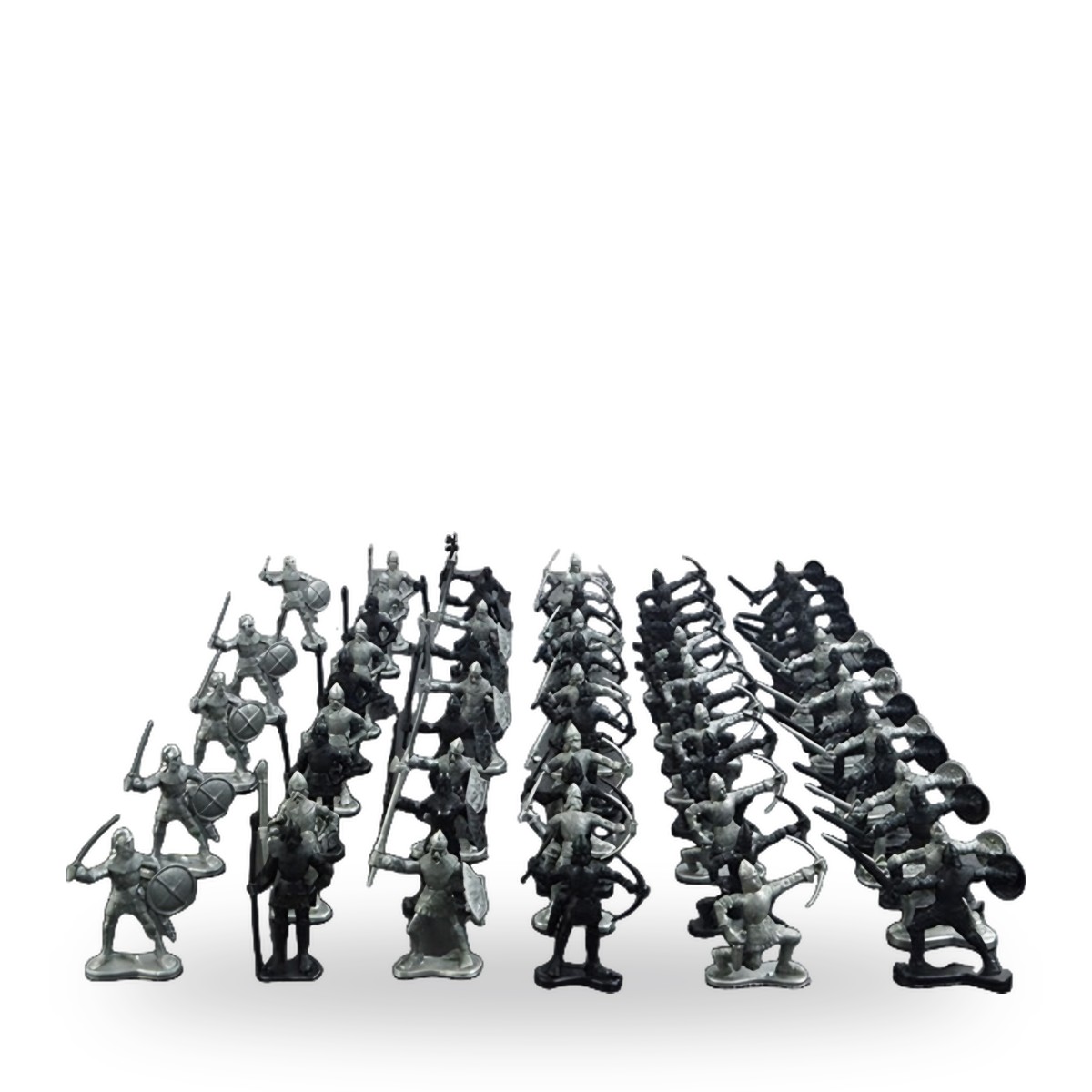 Unpainted medieval knight and archer plastic toy miniature models arranged in rows.