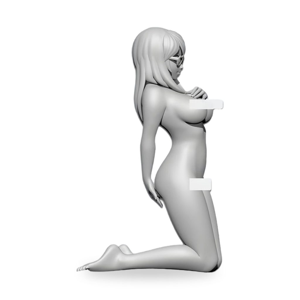 Unpainted kneeling female figure with long hair and glasses.