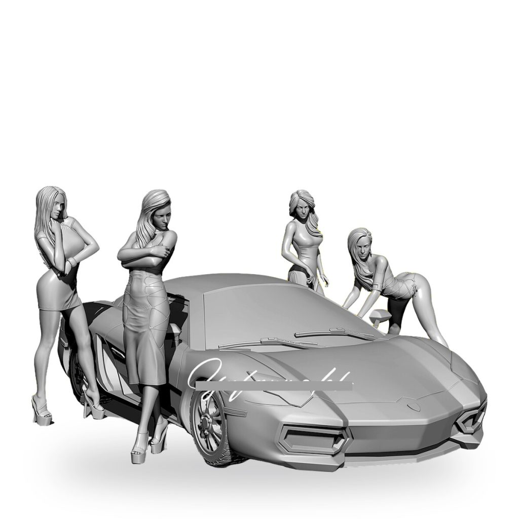 Unpainted resin model of luxury car with four female figures in various poses.