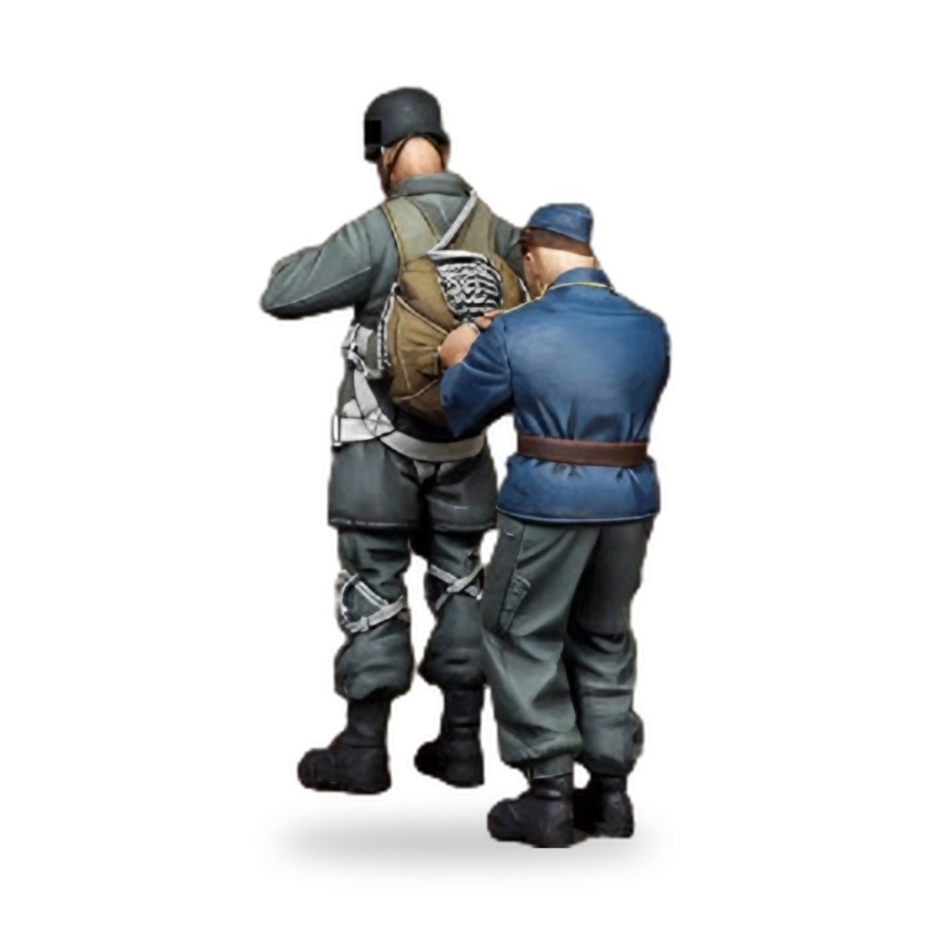 Unpainted WWII German soldier and base crew figure in military gear.