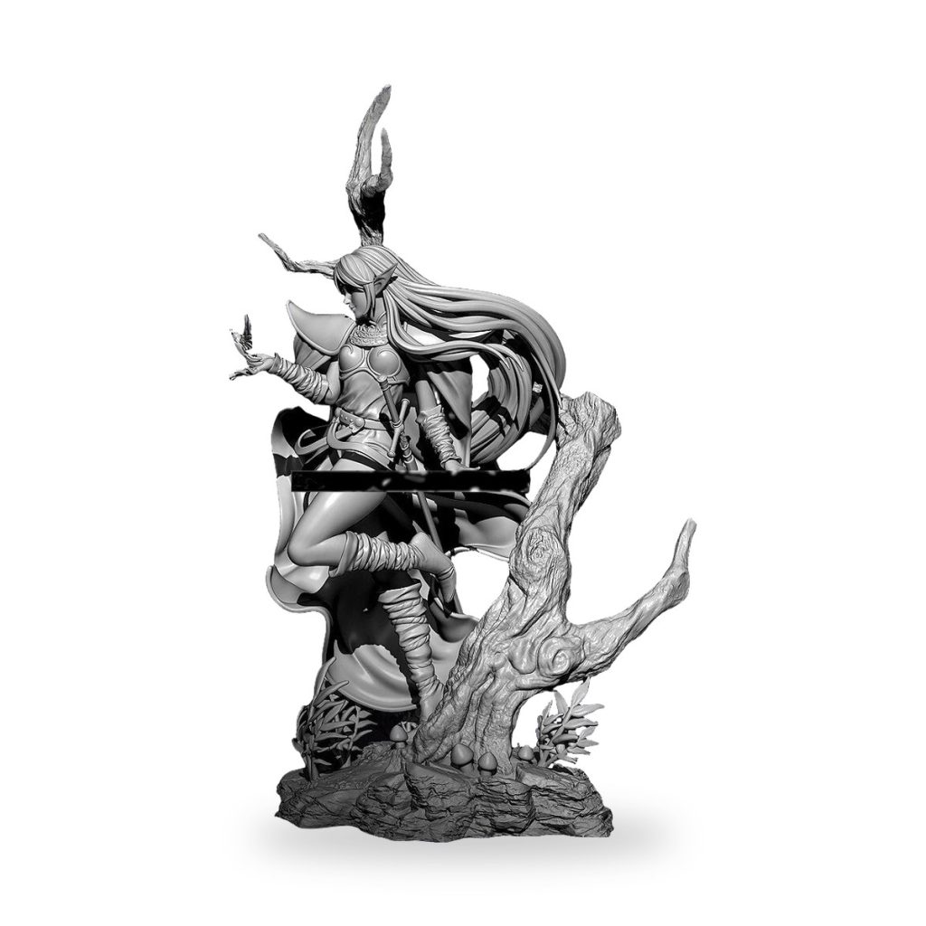 Unpainted Elven Warrior Princess figure with flowing hair and antlers on forest base.